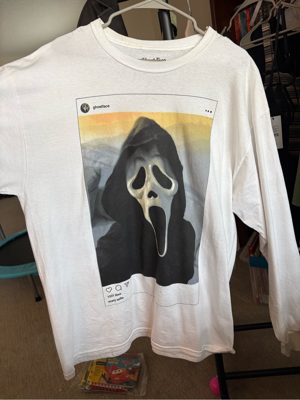 White Long Sleeve Graphic Tee with Ghostface Print